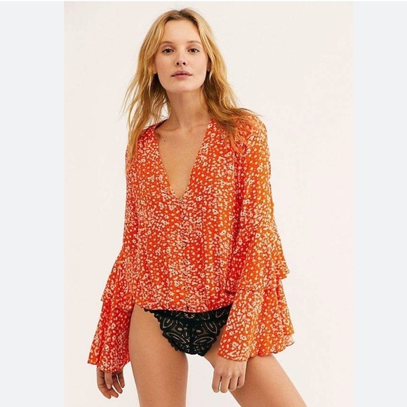 FP free people Intimately Ditsy Floral Bell Sleeve Button-Up Bodysuit Orange - Picture 1 of 6